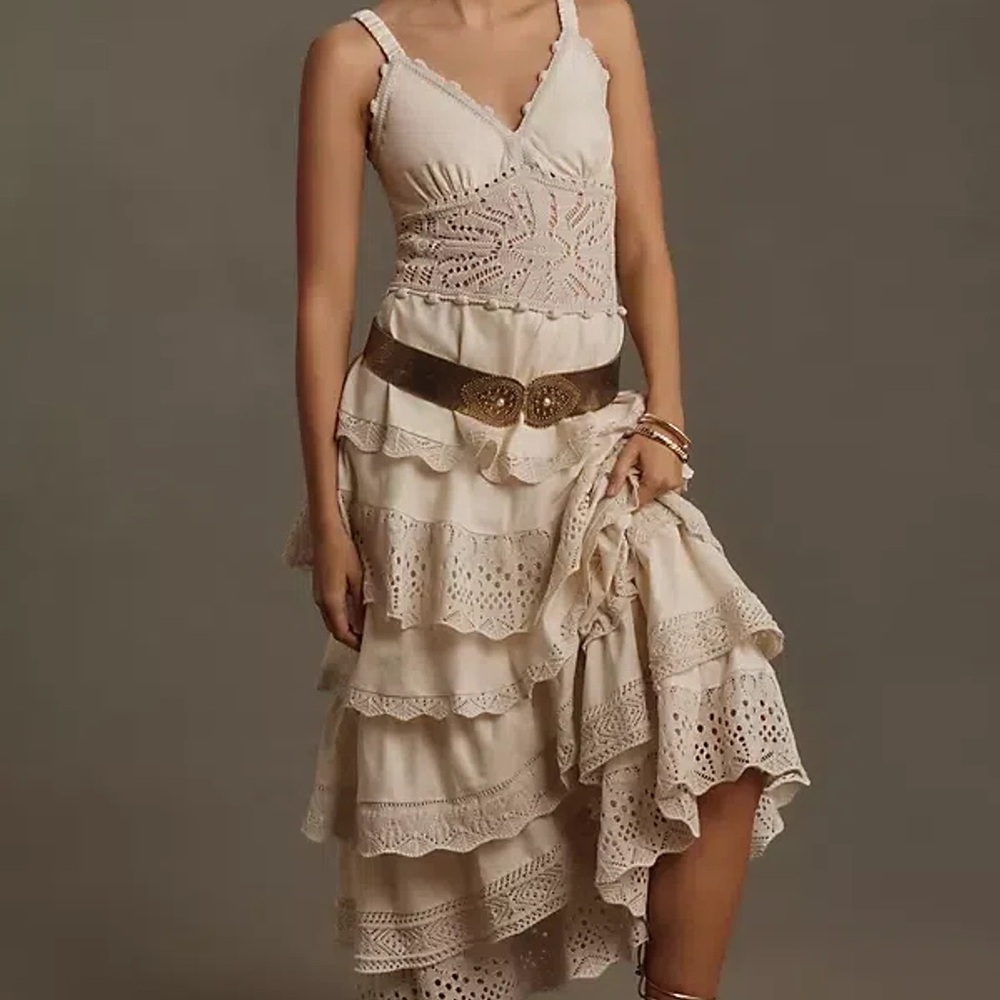Anthropologie Tiered Ruffle Cream Lace Maxi Dress - Cecilia Prado
